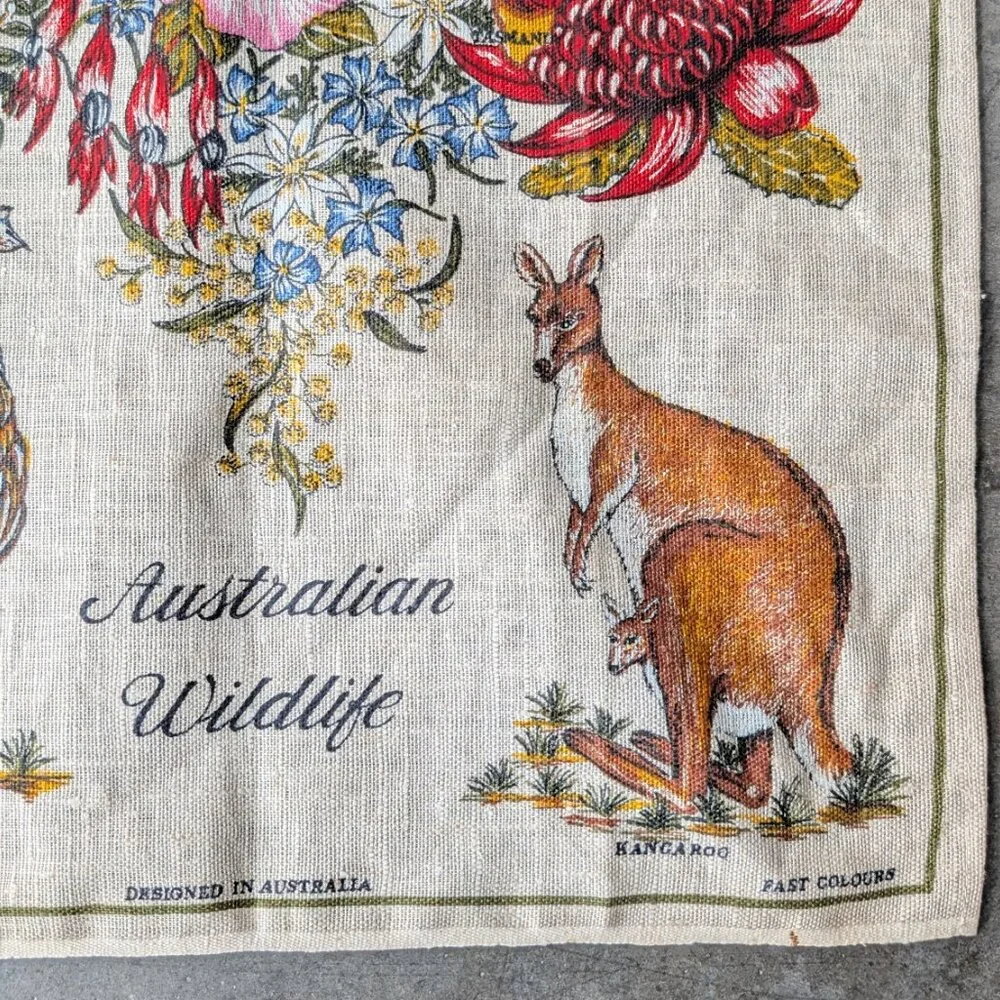 Vintage Pure Linen Souvenir Australian Wildlife Tea Towel
